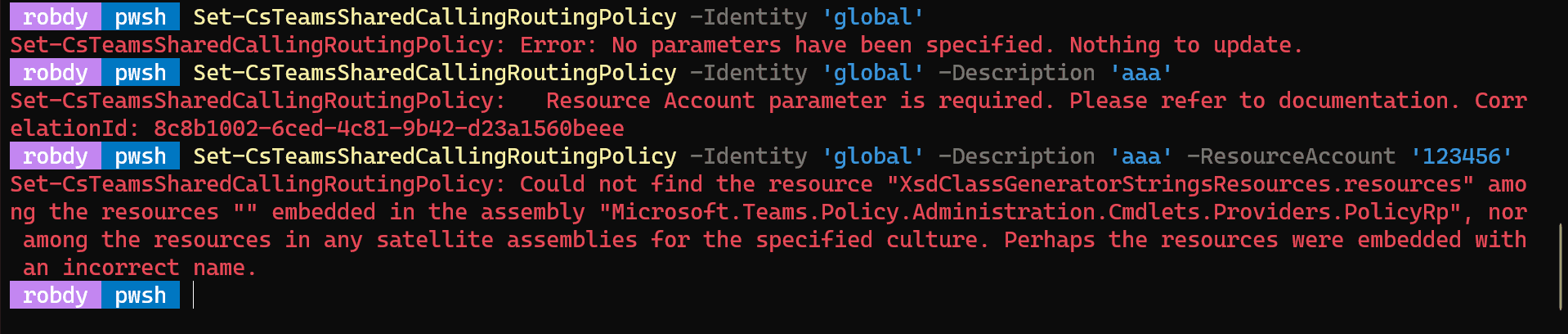 Error running any of the shared calling routing policy cmdlets